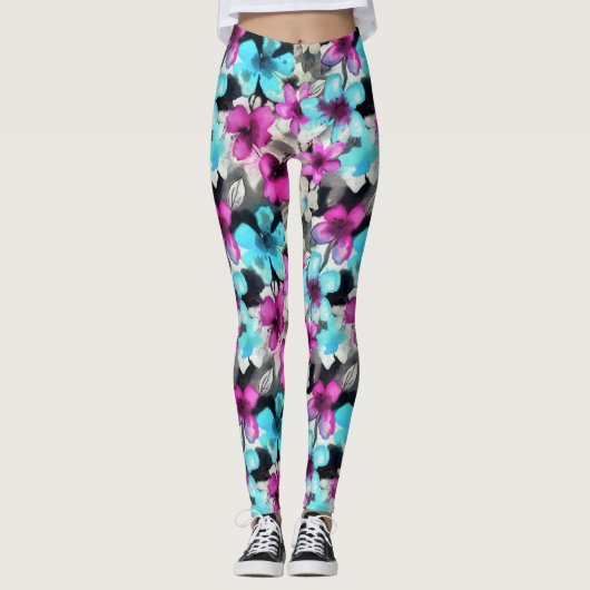 Blaurosa Schwarz Blume Muster Leggings (Vorderseite)