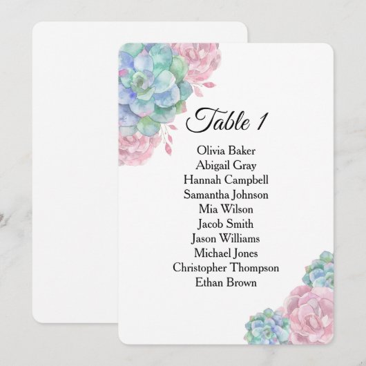 Blaurosa Sukkulente. Hochzeitssitzpläne Einladung (Vorne/Hinten)