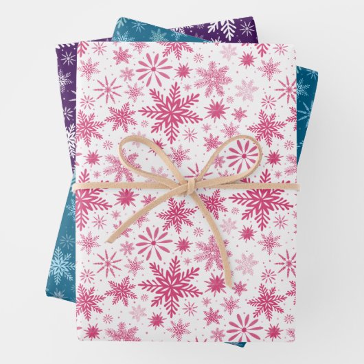 Blaurosa und Lila Schneeflocken Geschenkpapier Set (Beispiel)