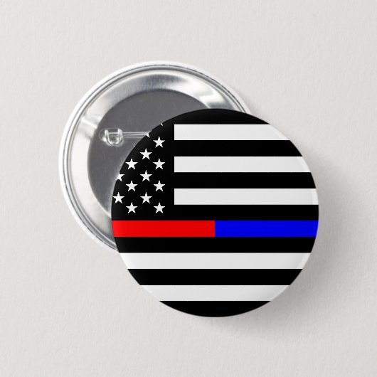 Blaurot-dünne Linie Polizei Feuerwehr Symbol usa Button (Vorne & Hinten)