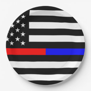 Blaurot-dünne Linie Polizei Feuerwehr Symbol usa Pappteller