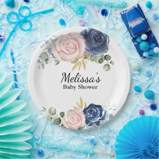 Blaurot-Rosa-Blüten Pappteller (Party)