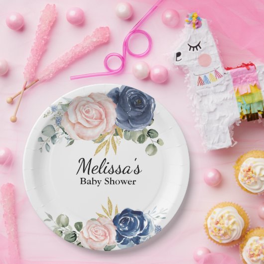 Blaurot-Rosa-Blüten Pappteller (Party)