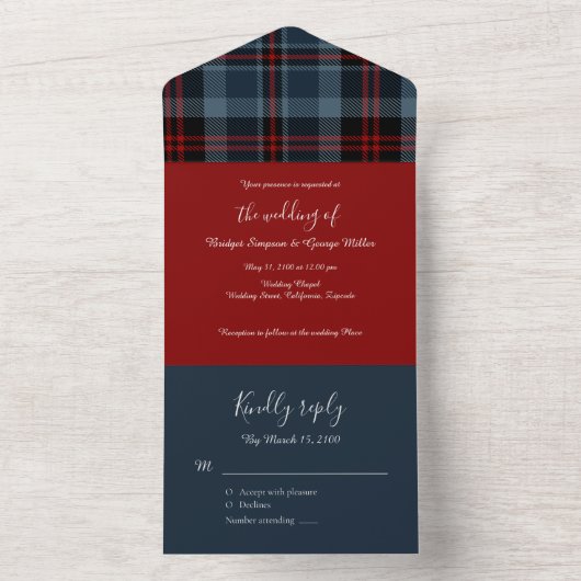 Blaurot-Schottische Hochzeit keltischer Tartan kar All In One Einladung (Innen Boden)