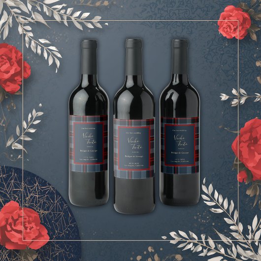 Blaurot-schwarz-keltisches Tartan-Muster Weinetikett