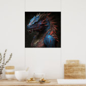 Blaurotes Drachenportrait AI Art Poster (Küche)