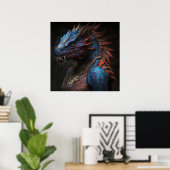 Blaurotes Drachenportrait AI Art Poster (Heimbüro)