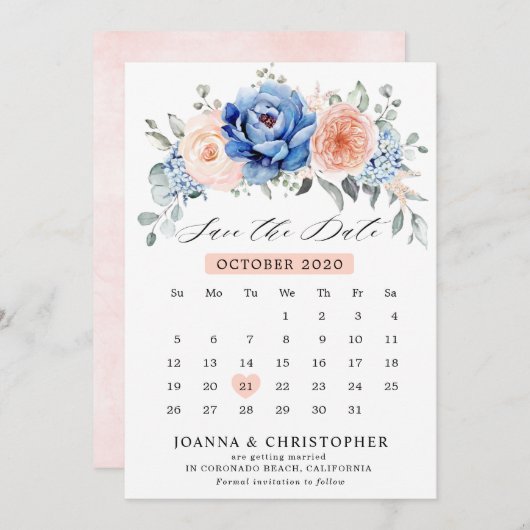 Blauschiefer-Dusty-Blush-Kalender Save the Date (Vorne/Hinten)