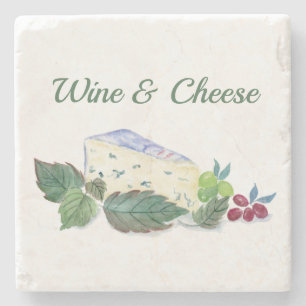 Blauschimmelkäse mit Trauben Aquarell Wein und Käs Steinuntersetzer