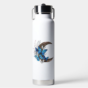 Blauschmetterlinge auf Holzhalbzeugen Trinkflasche