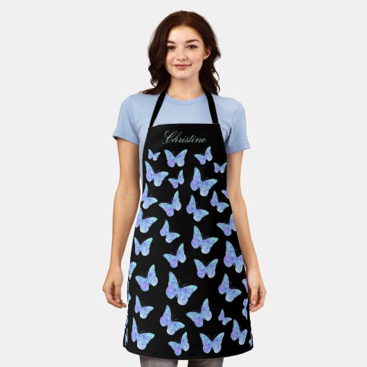 Blauschmetterlinge auf schwarz schürze (Getragen)