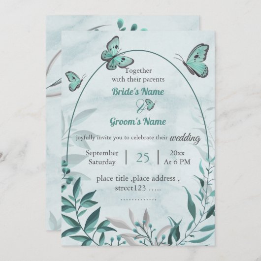 Blauschmetterlinge Blätter Blumenhochzeit Einladung (Vorne/Hinten)