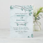 Blauschmetterlinge Blätter Blumenhochzeit Einladung (Stehend Vorderseite)