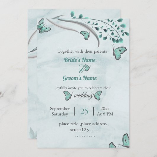 Blauschmetterlinge Blätter Blumenhochzeit Einladung (Vorne/Hinten)