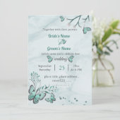 Blauschmetterlinge Blätter Blumenhochzeit Einladung (Stehend Vorderseite)