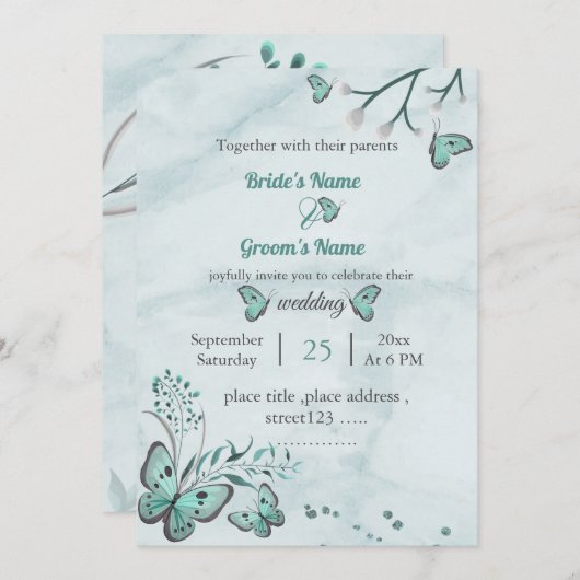 Blauschmetterlinge Blätter Blumenhochzeit Einladung (Vorne/Hinten)