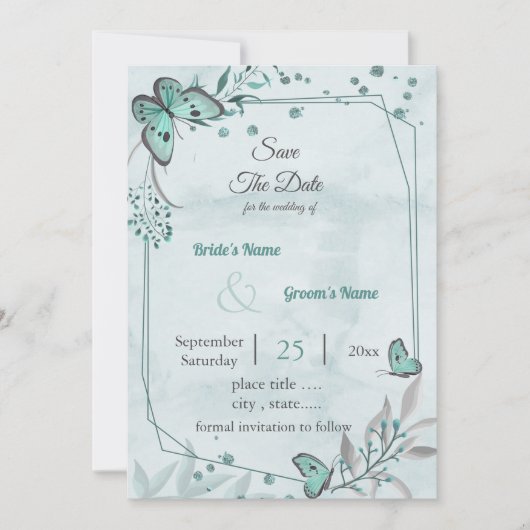 Blauschmetterlinge Blätter Save the Date geometris Einladung (Vorderseite)