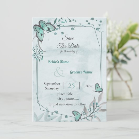 Blauschmetterlinge Blätter Save the Date geometris Einladung (Stehend Vorderseite)