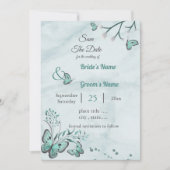 Blauschmetterlinge verlasse Save the Date blühend Einladung (Vorderseite)