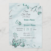 Blauschmetterlinge verlasse Save the Date blühend Einladung (Vorne/Hinten)