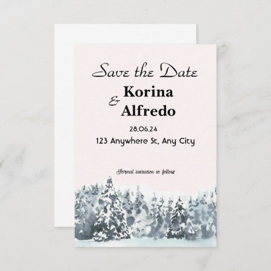 Blauschneebedeckte Winterkarte Save the Date (Vorne/Hinten)