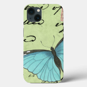 Blauschwinger Schmetterling auf Türkis-Postkarte iPhone Hülle