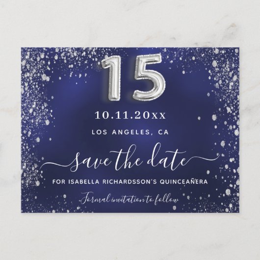Blausilber Save the Date aus Quinceanera Ankündigungspostkarte (Vorderseite)