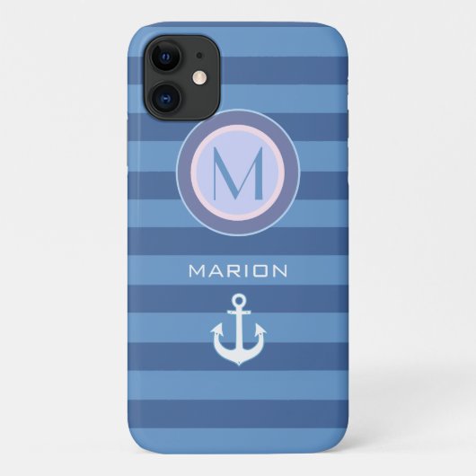 Blaustreifen und Anker mit Monogramm Case-Mate iPhone Hülle (Rückseite)