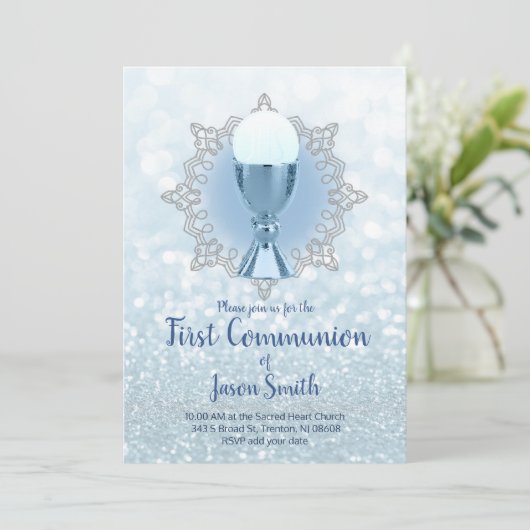 Blautöne erster kommunion chalihost einladung (Stehend Vorderseite)