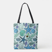 Blautöne-Muster mit Muscheln und Seesternen Tasche (Rückseite)