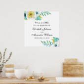 Blautöne und gelbe Blumen schmücken das Schild. Ho Poster (Küche)