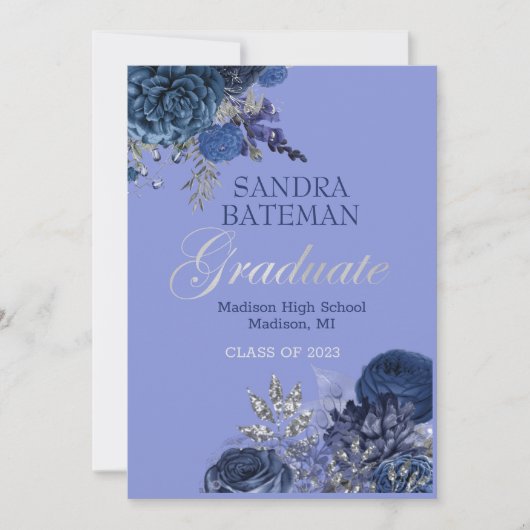 Blauviolette Blumen | Silver Graduation Party Ankündigung (Vorderseite)
