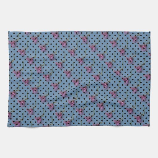 Blauviolette Blumen und schwarze Polka-Punkte Handtuch (Horizontal)
