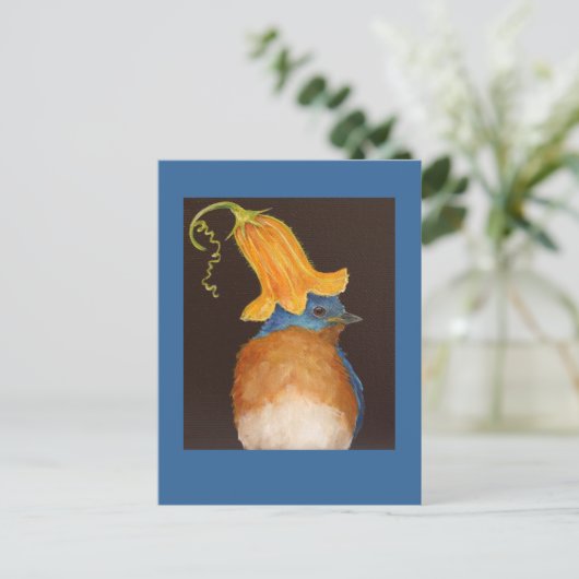 Blauvogel mit Squashblüte Postkarte (Stehend Vorderseite)