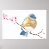 Blauvogel mit Wasserfarbe auf einem Kirschblütenzw Poster (Vorne)