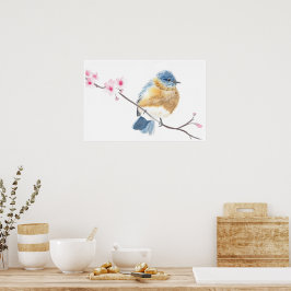Blauvogel mit Wasserfarbe auf einem Kirschblütenzw Poster