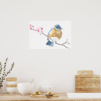 Blauvogel mit Wasserfarbe auf einem Kirschblütenzw Poster