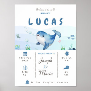 Blauwal Birth Stats Keepake Kinderzimmer Poster