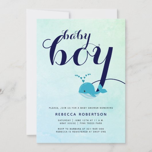 Blauwal-Flotte Typografie Ozean Kinderdusche Einladung (Vorderseite)