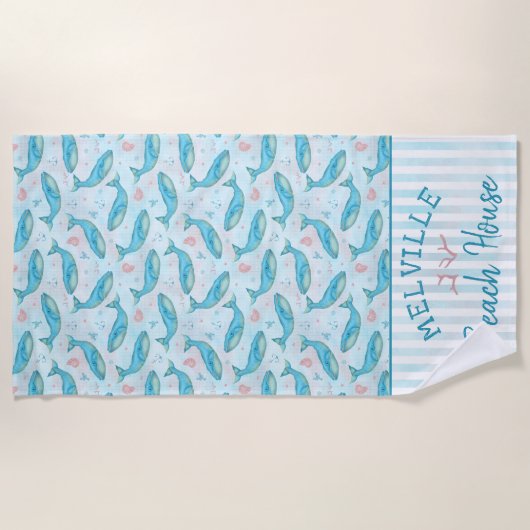 Blauwal-Seestrand-Haus-personalisierter Ozean Strandtuch (Vorderseite)
