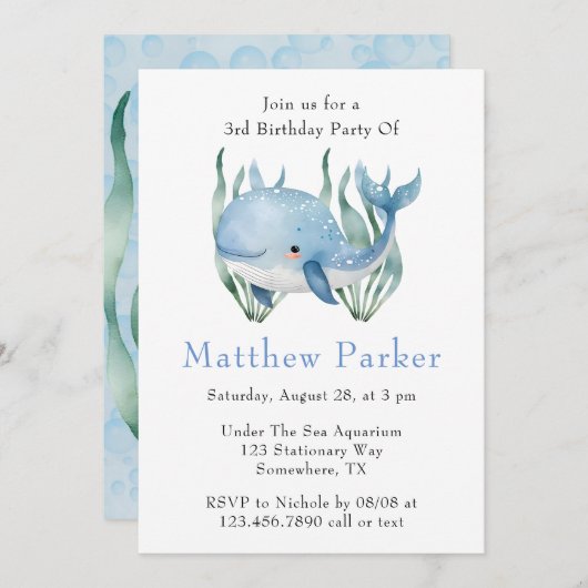 Blauwal unter dem Sea Boy Birthday Party Einladung (Vorne/Hinten)
