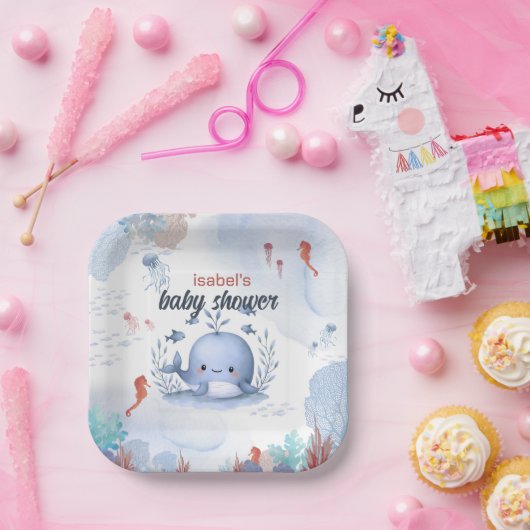 Blauwal unter Meerschweinchen Babydusche Pappteller (Party)