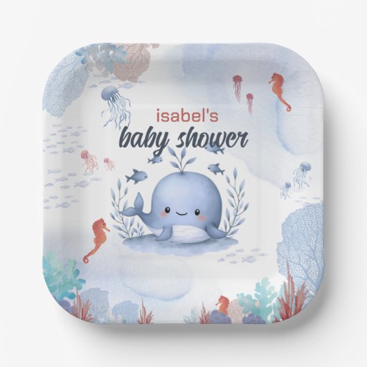 Blauwal unter Meerschweinchen Babydusche Pappteller (Vorderseite)