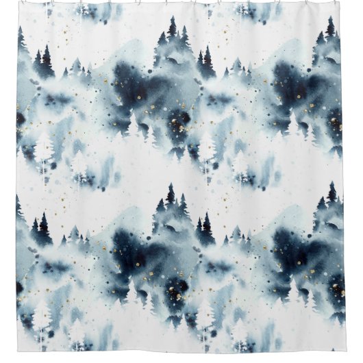 Blauwald-Aquarellmuster Duschvorhang (Vorderseite)