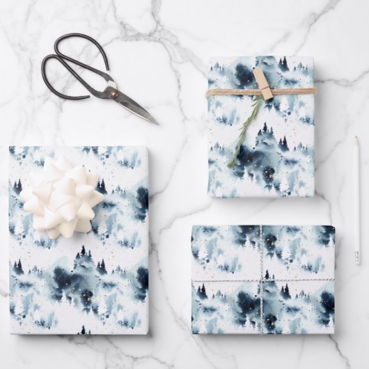 Blauwald-Aquarellmuster Geschenkpapier Set (Vorderseite)