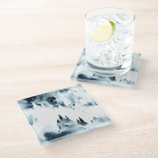 Blauwald-Aquarellmuster Glasuntersetzer (Schrägansicht)