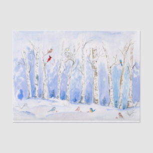 Blauwald mit Wasserfarbe und Vögeln Seidenpapier