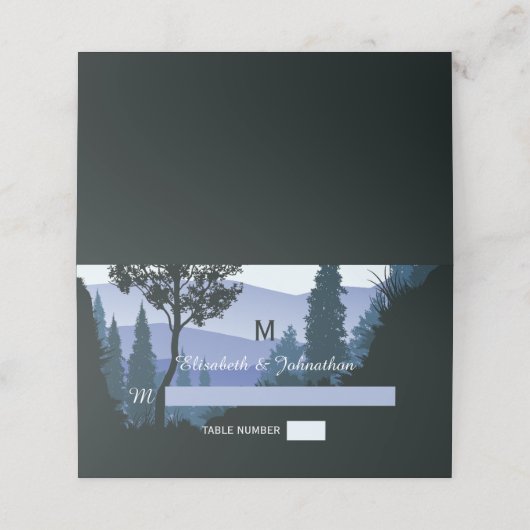 Blauwald, rustikale Hochzeit Platzkarte (Außenseite Aufgefaltet)