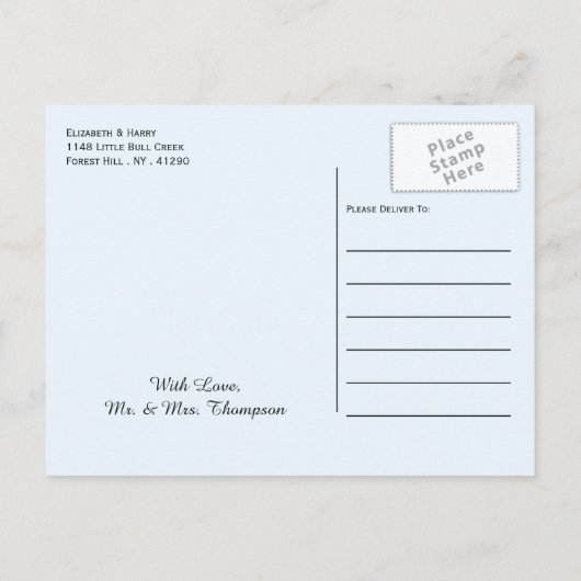 Blauwald, rustikale Hochzeit retten das Datum Ankündigungspostkarte (Rückseite)