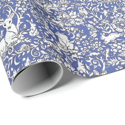 Blauwald-Tiermuster Hirsch-Hasen Geschenkpapier (Rolleneckpunkt)